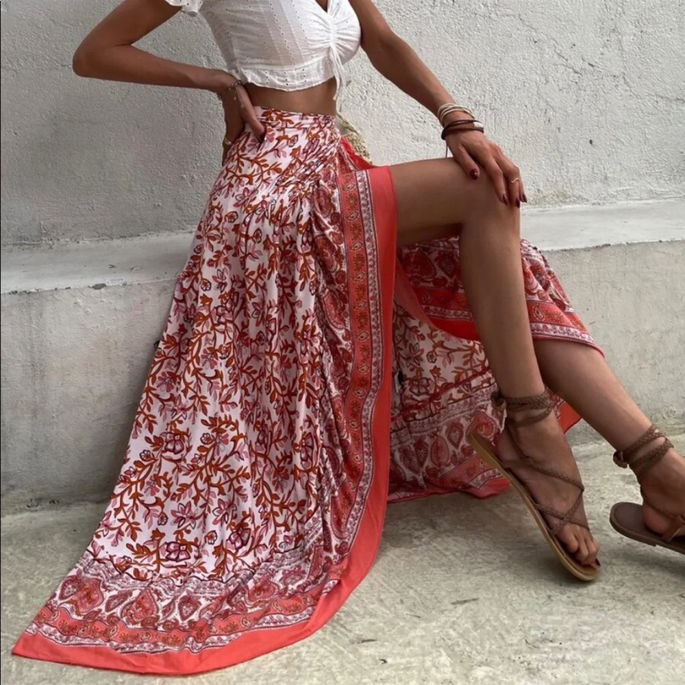 Boho Blue Floral Print Ruffle Wrap Maxi Skirt - Picture 9 of 11